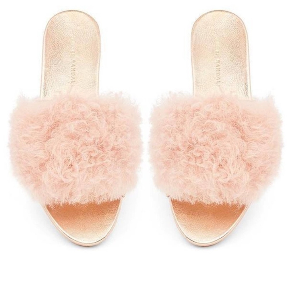 Loeffler Randall Pink Furry Shearling Slides, Leather, Rose Gold metallic 7.5